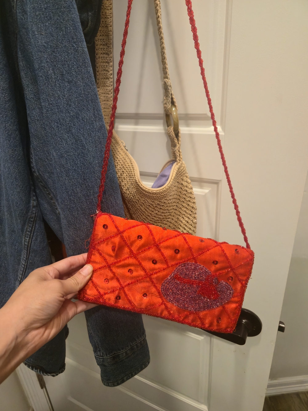 Red Beaded Quilted Crossbody Bag with Hat Accent